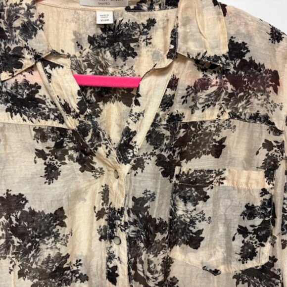 Coldwater Creek Semi-Sheer Blouse Gold/Black Floral Pearl Snap Bttns Tencel. XL - Picture 3 of 6